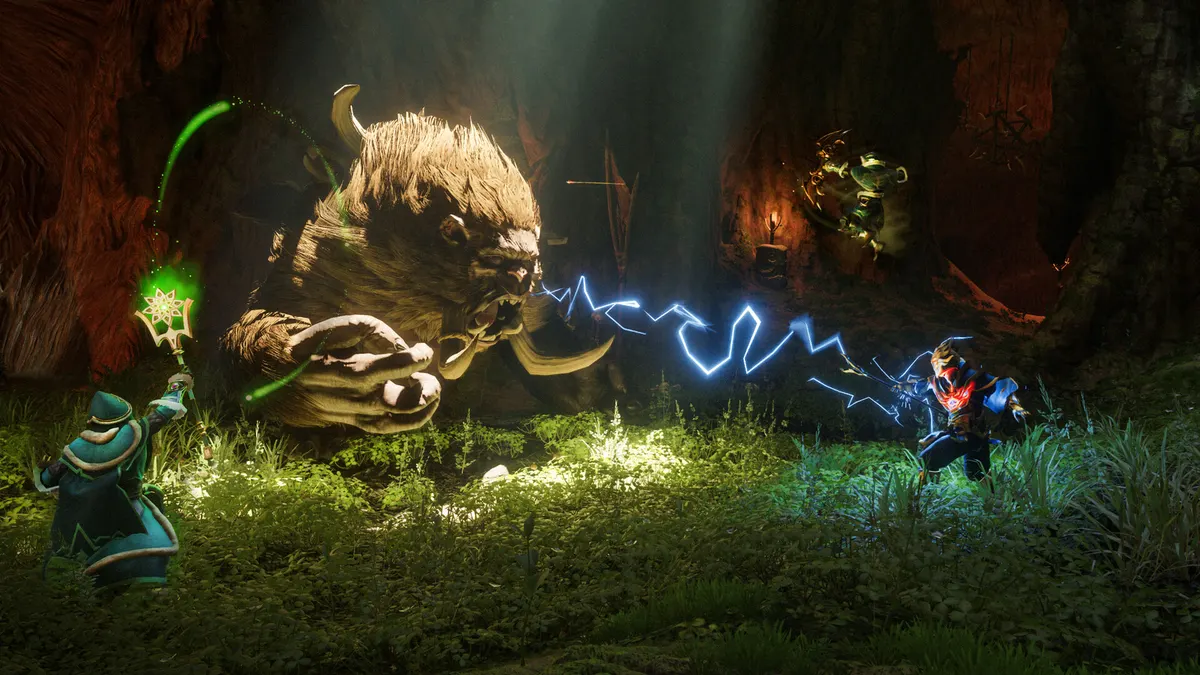 霧と植生が濃い森で魔法を使って戦う場面